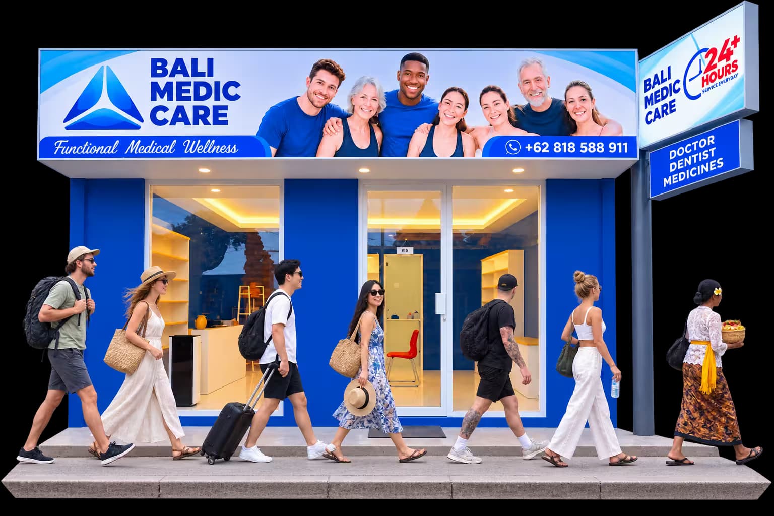 The Bali Medic Care clinic from the street: a blue frontage with the signboard above the entrance, and people walking past on the pavement.